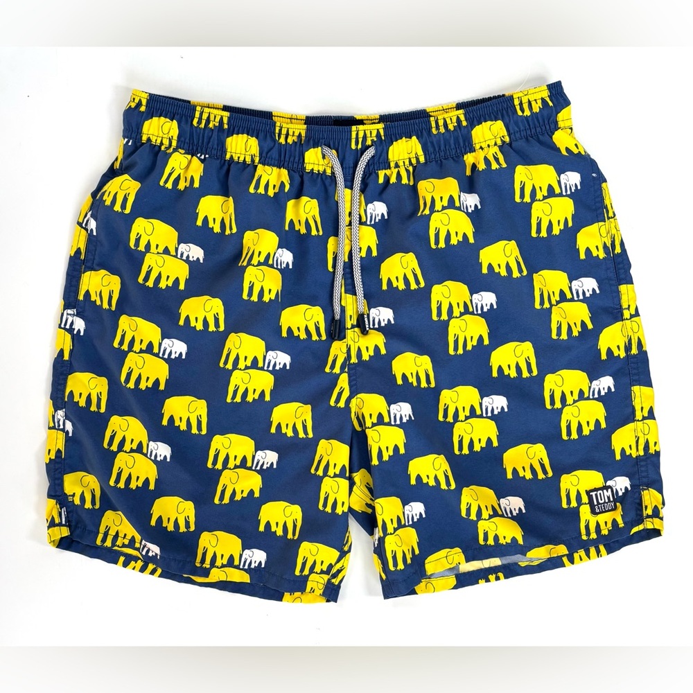 TOM & TEDDY Elephant Swim Trunks Board Shorts 7” Blue Yellow‎ Size Large EUC